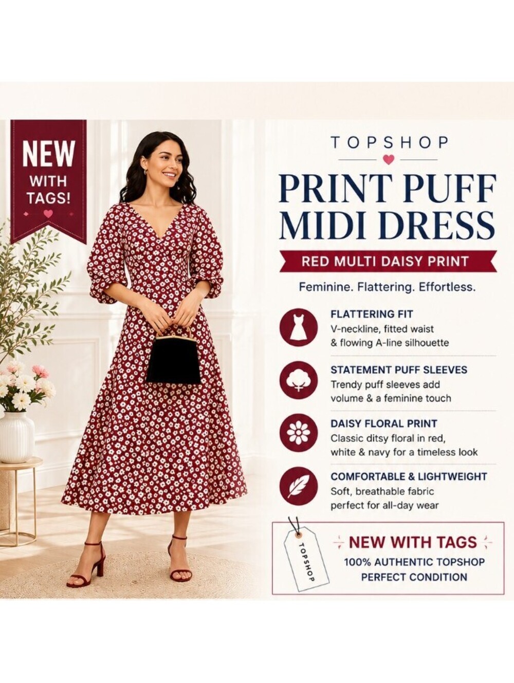 New With Tags | TopShop Sz 6 | Print Puff Midi Dress In Red Multi